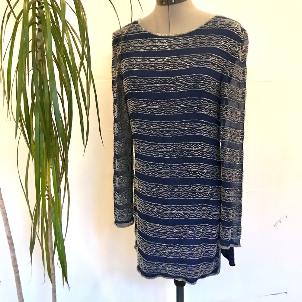 ADRIANNA PAPPEL Women's 100% Silk Tunic Dress Cobalt Blue Beads Embroide…